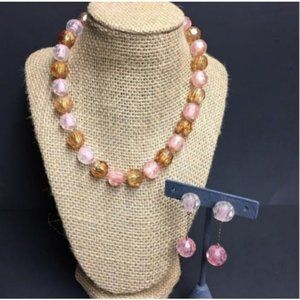 VTG Pop Bead Necklace Earrings Lot Pink Peach Faceted Adjustable Retro